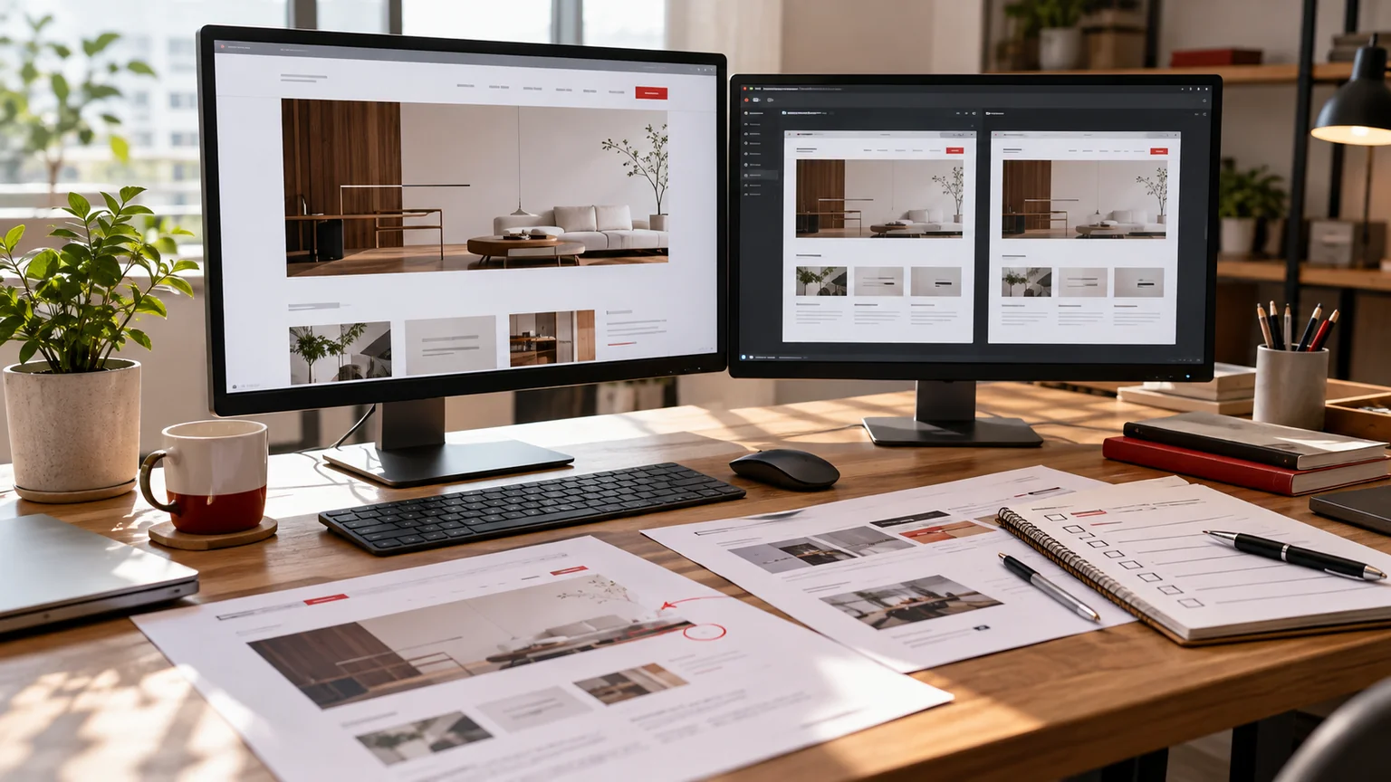 Illustrative generic website visual comparison on two monitors, release checklist and printed page designs with restrained markup. Concept screens, not a delivered client implementation.