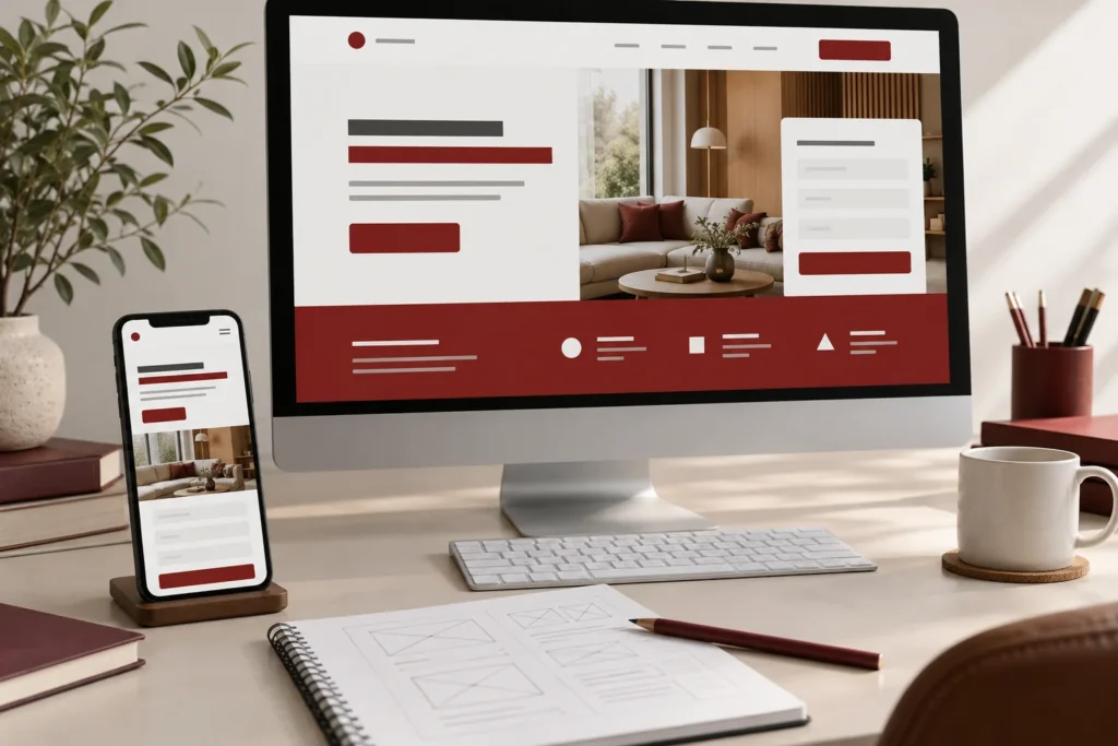 Illustrative desktop and phone showing a red-and-white service landing page beside a paper planning sketch