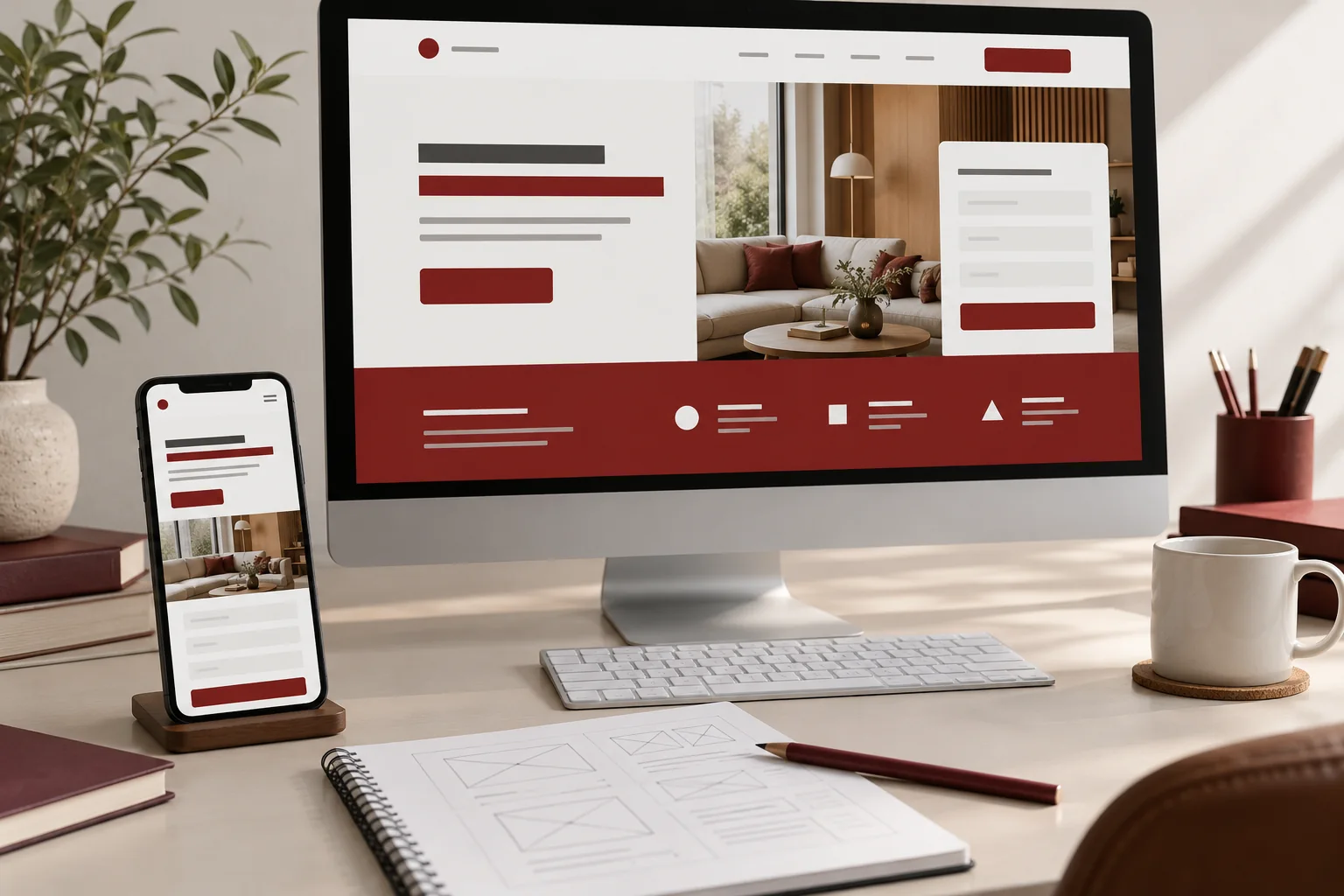 Illustrative desktop and phone showing a red-and-white service landing page beside a paper planning sketch
