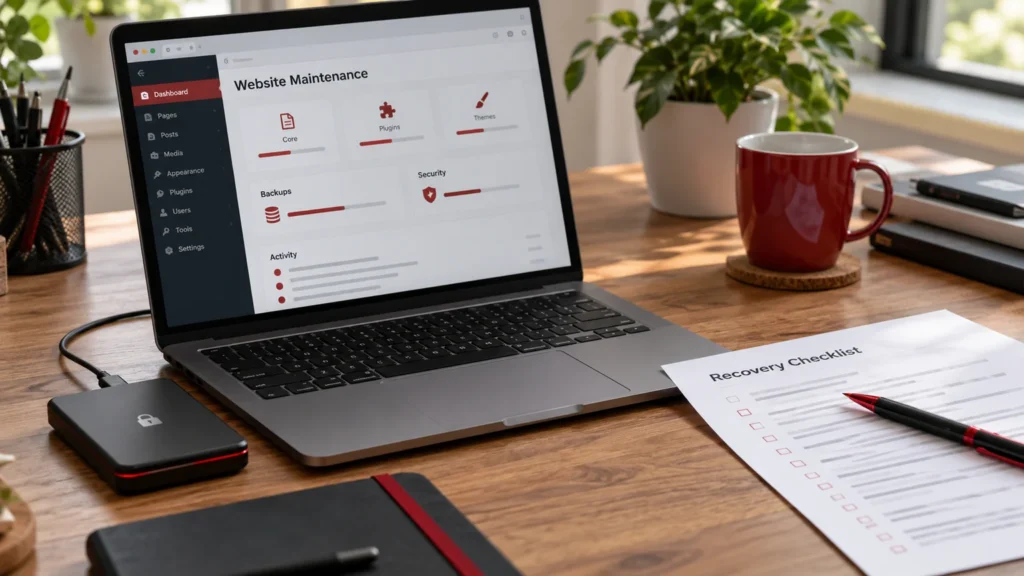 Illustrative website maintenance review on a laptop, small encrypted backup drive without text, printed recovery checklist and office keys. Concept screens, not a delivered client implementation.