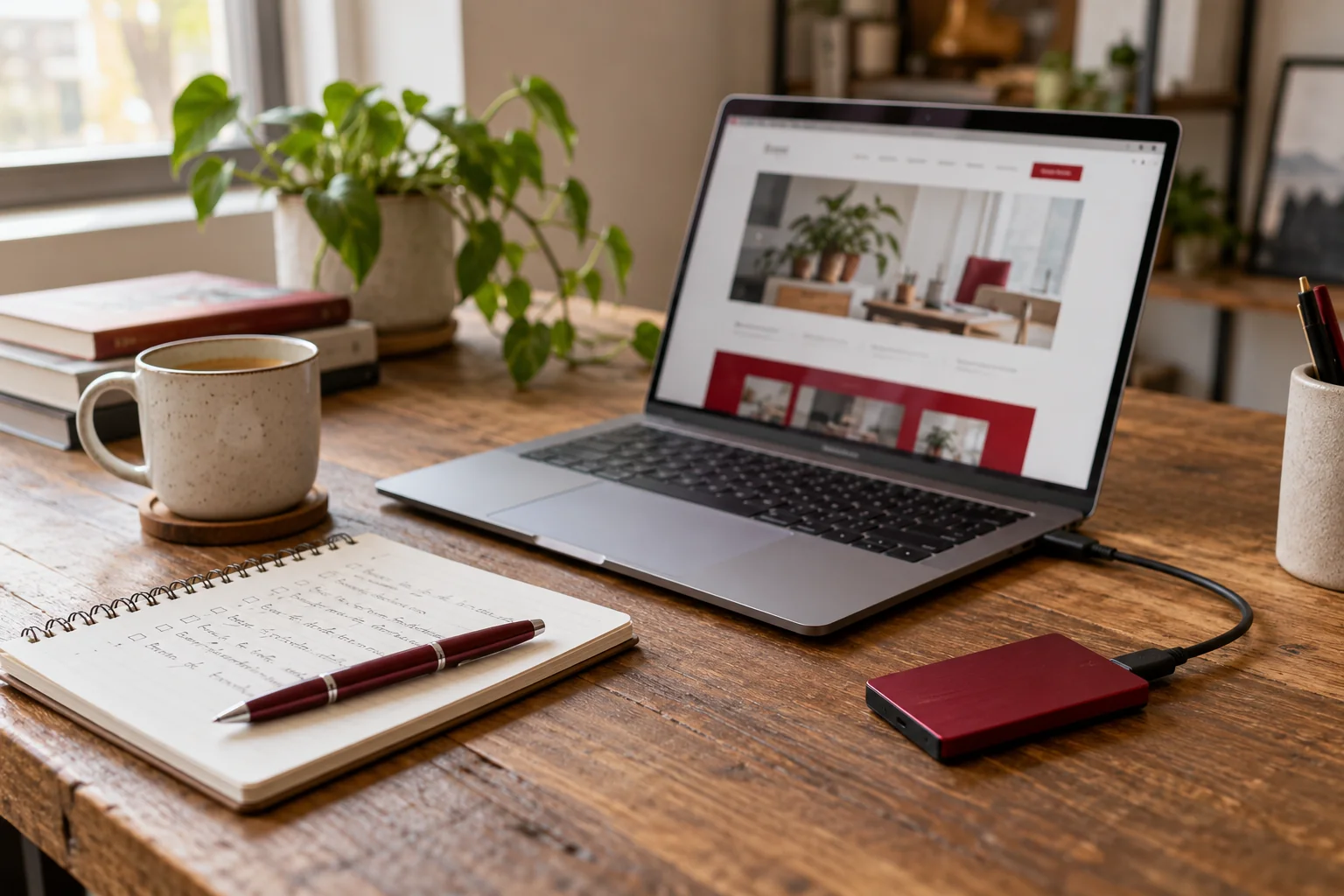 Illustrative website maintenance desk with a laptop, an external backup drive and a checklist notebook.