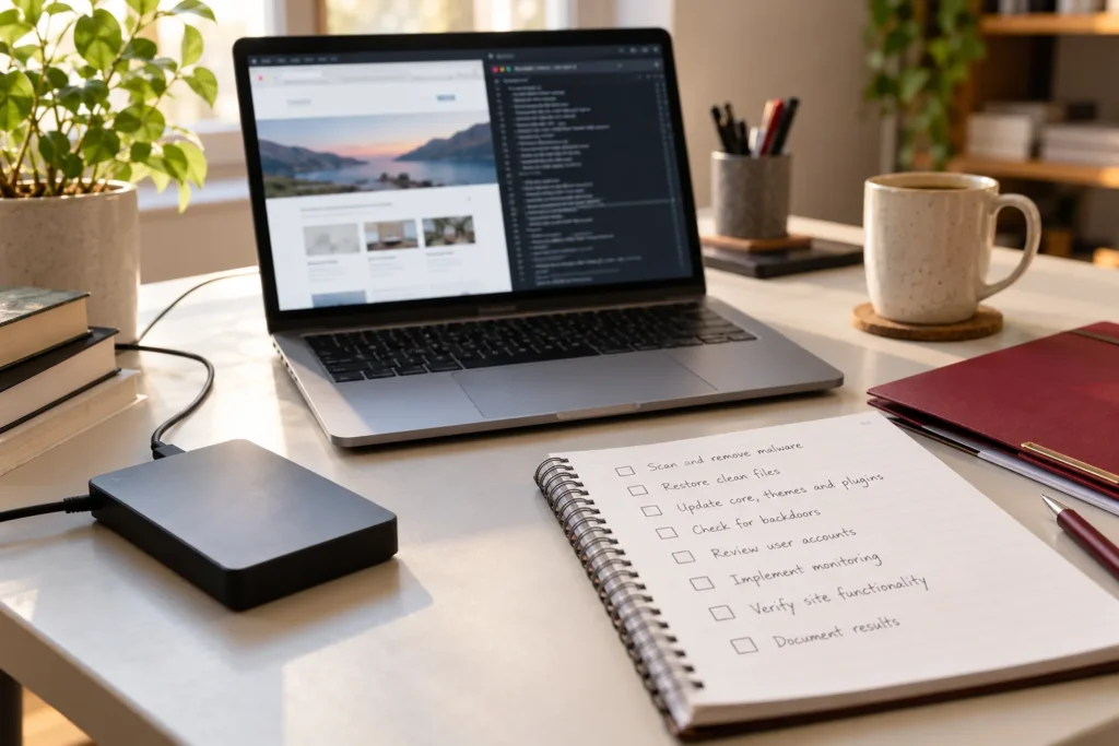 Illustrative website recovery workspace with a laptop, backup drive and paper review checklist