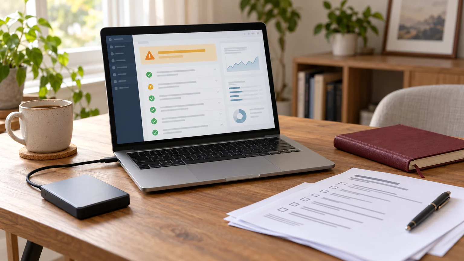 Illustrative website recovery desk with a conceptual security dashboard, backup drive and restore checklist