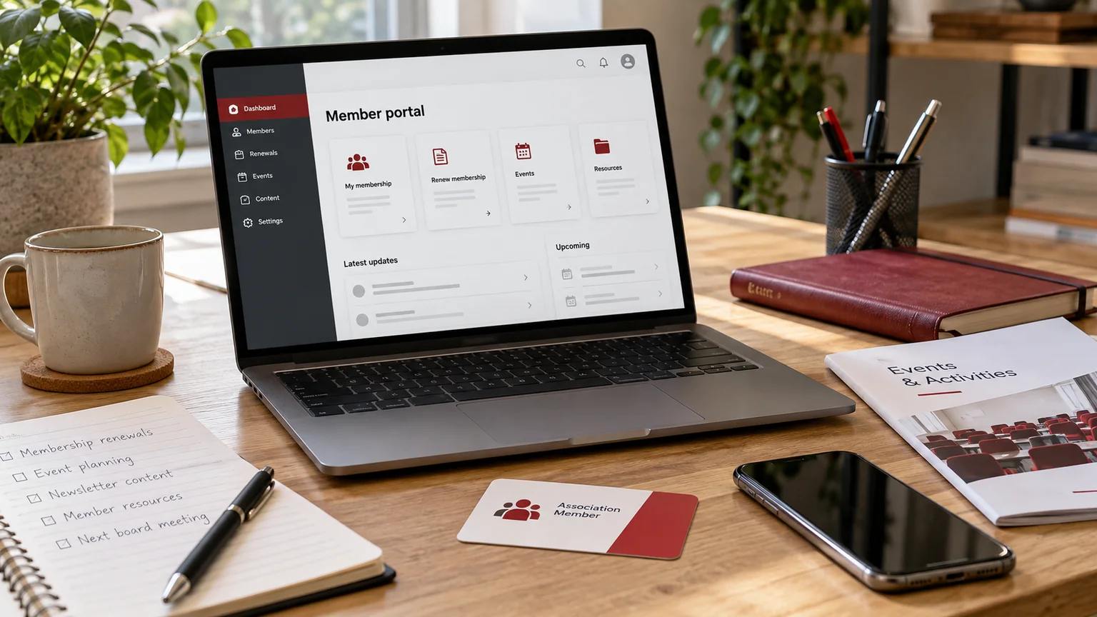 Illustrative generic association member portal on a laptop, membership card concept without personal data, renewal planner and event brochure. Concept screens, not a delivered client implementation.