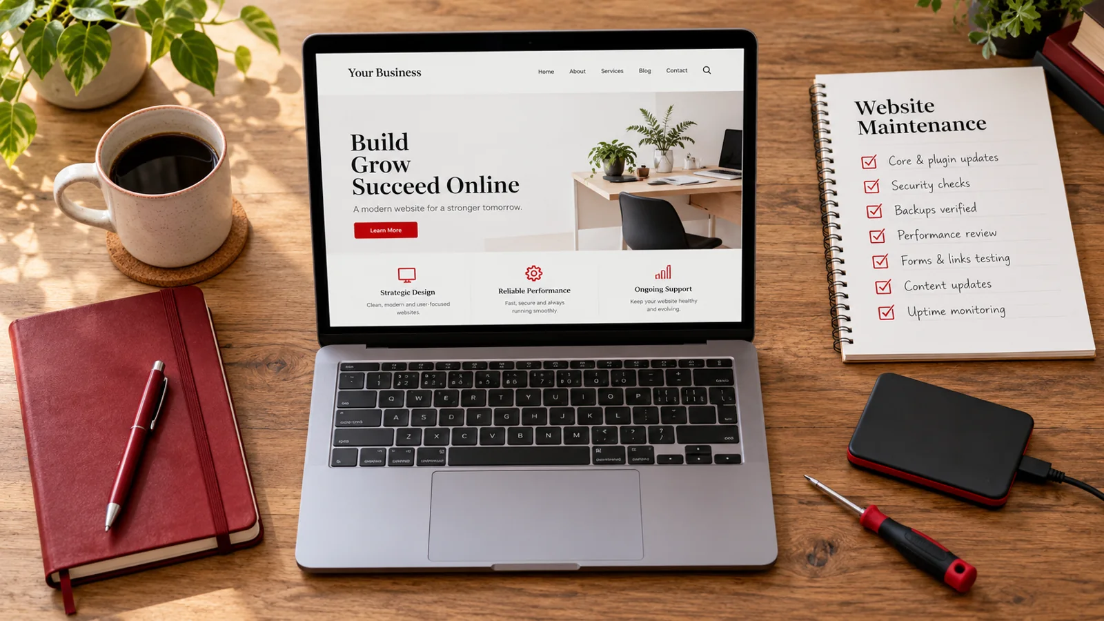 Illustrative WordPress maintenance workspace with an update checklist and backup drive.