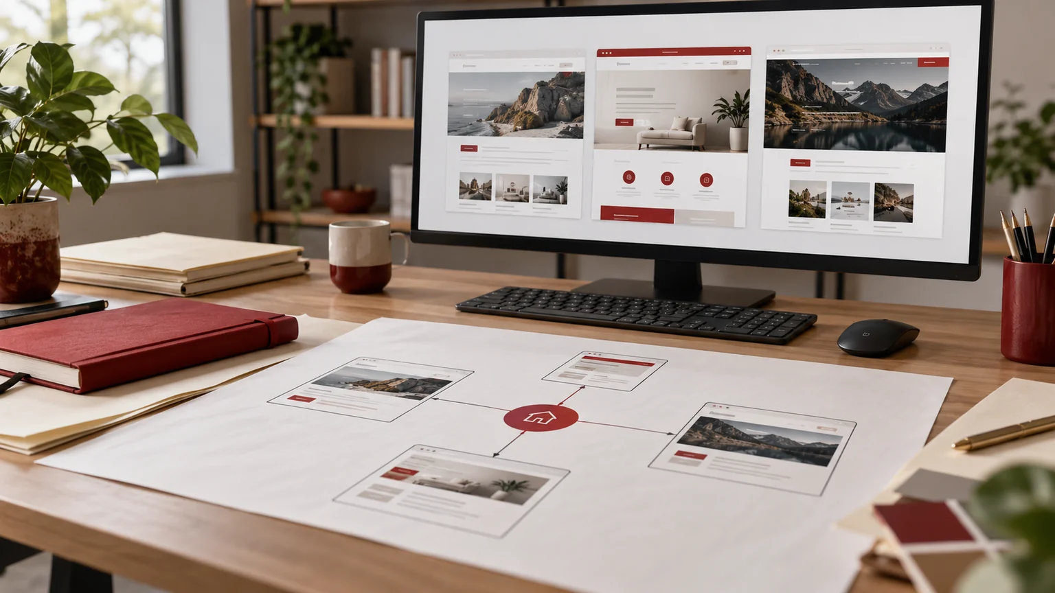 Illustrative multi-site planning desk with three generic website previews and a printed network diagram.