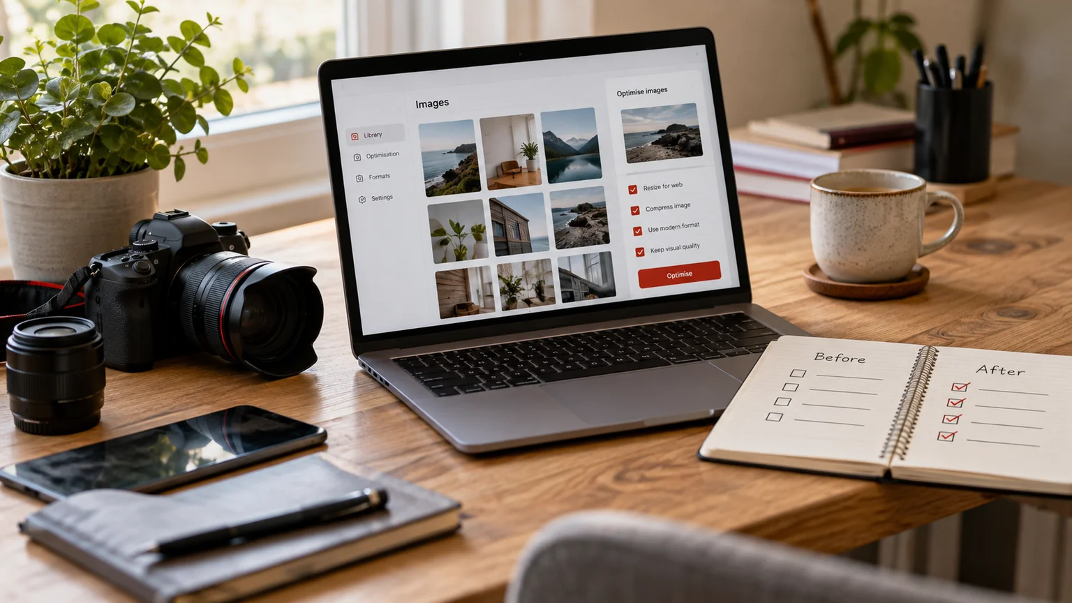 Illustrative website image optimisation review on a laptop with generic image thumbnails, camera on desk and a before-after performance checklist without numbers. Concept screens, not a delivered client implementation.