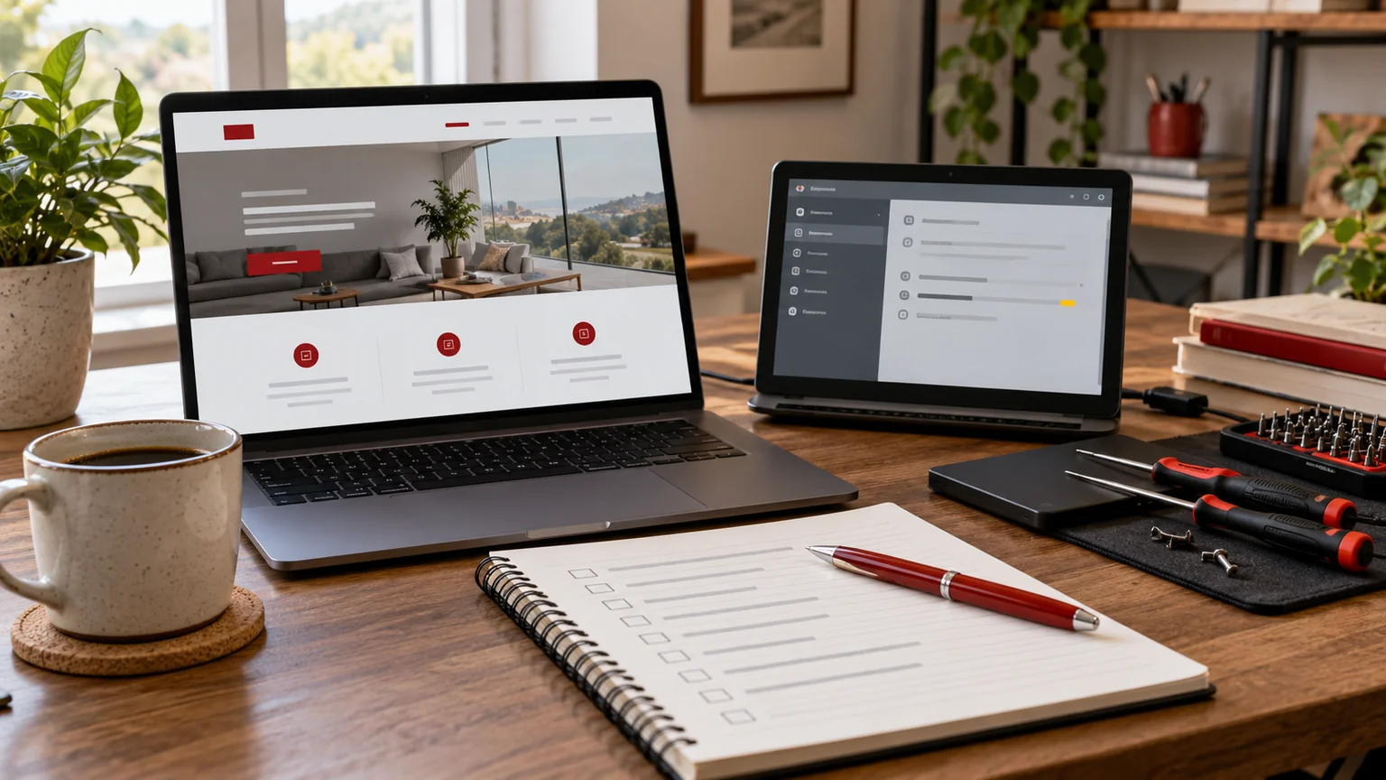 Illustrative WordPress repair workspace with generic website and settings screens, a notebook and maintenance tools.