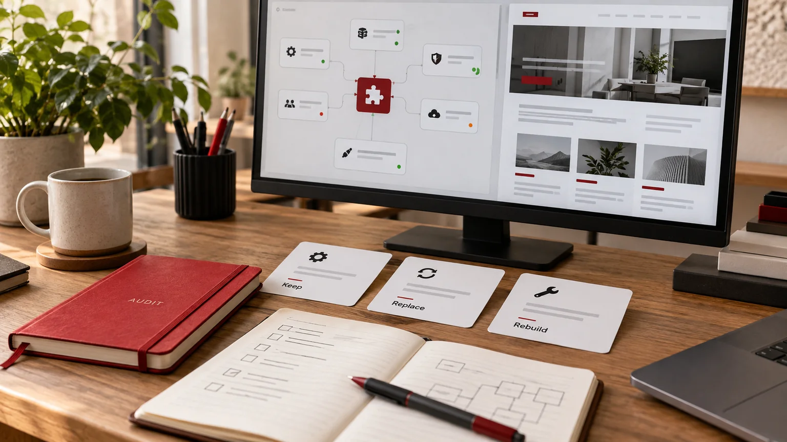 Illustrative generic plugin dependency diagram and website review on monitor, feature responsibility cards and a red audit notebook. Concept screens, not a delivered client implementation.