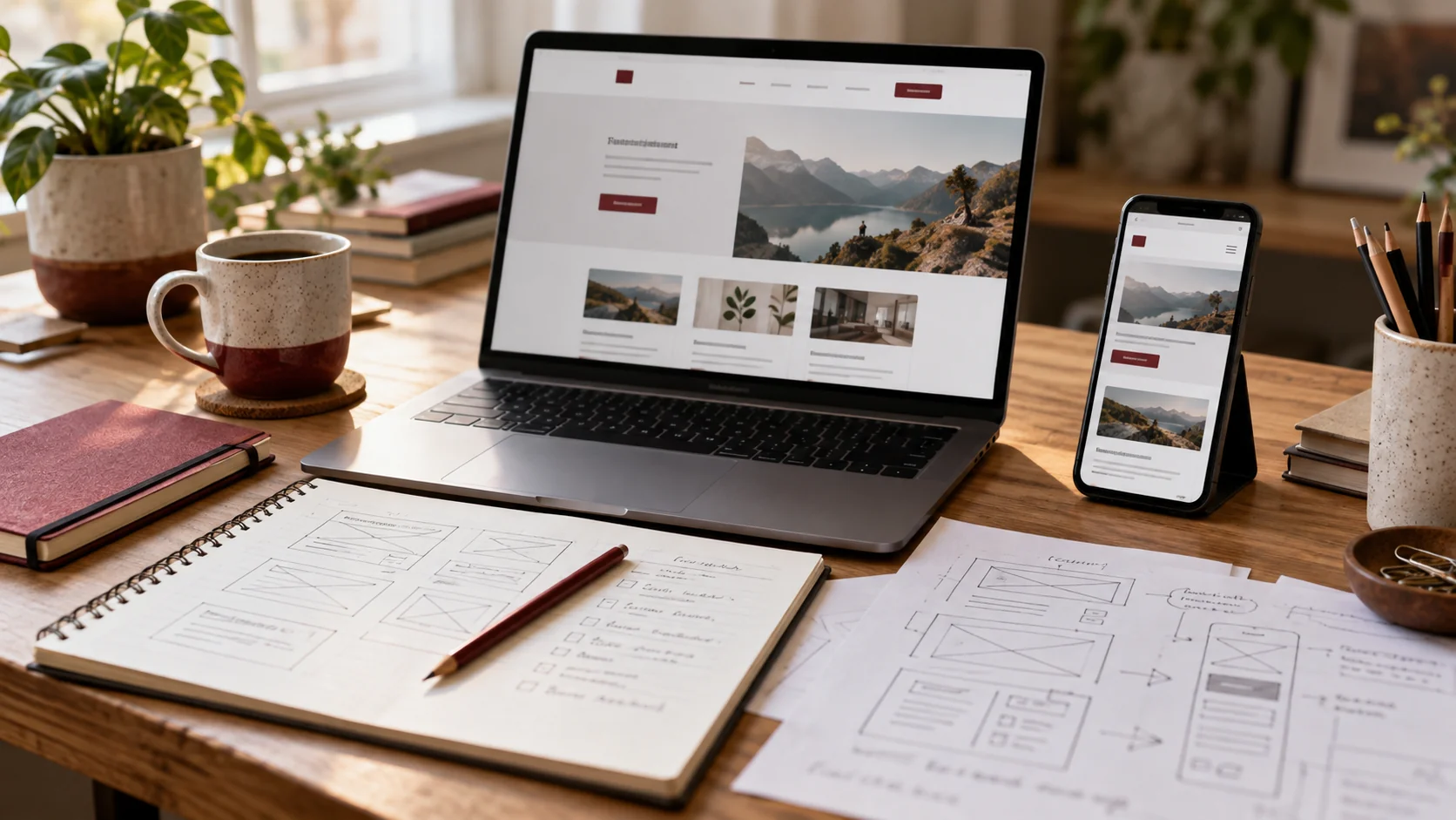 Laptop and phone displaying an illustrative responsive website beside page-layout sketches