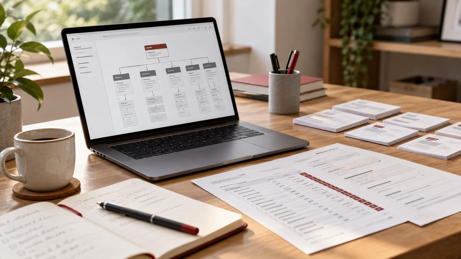 Illustrative generic website relaunch URL map on laptop, search metadata planning sheets and page inventory cards. Concept screens, not a delivered client implementation.