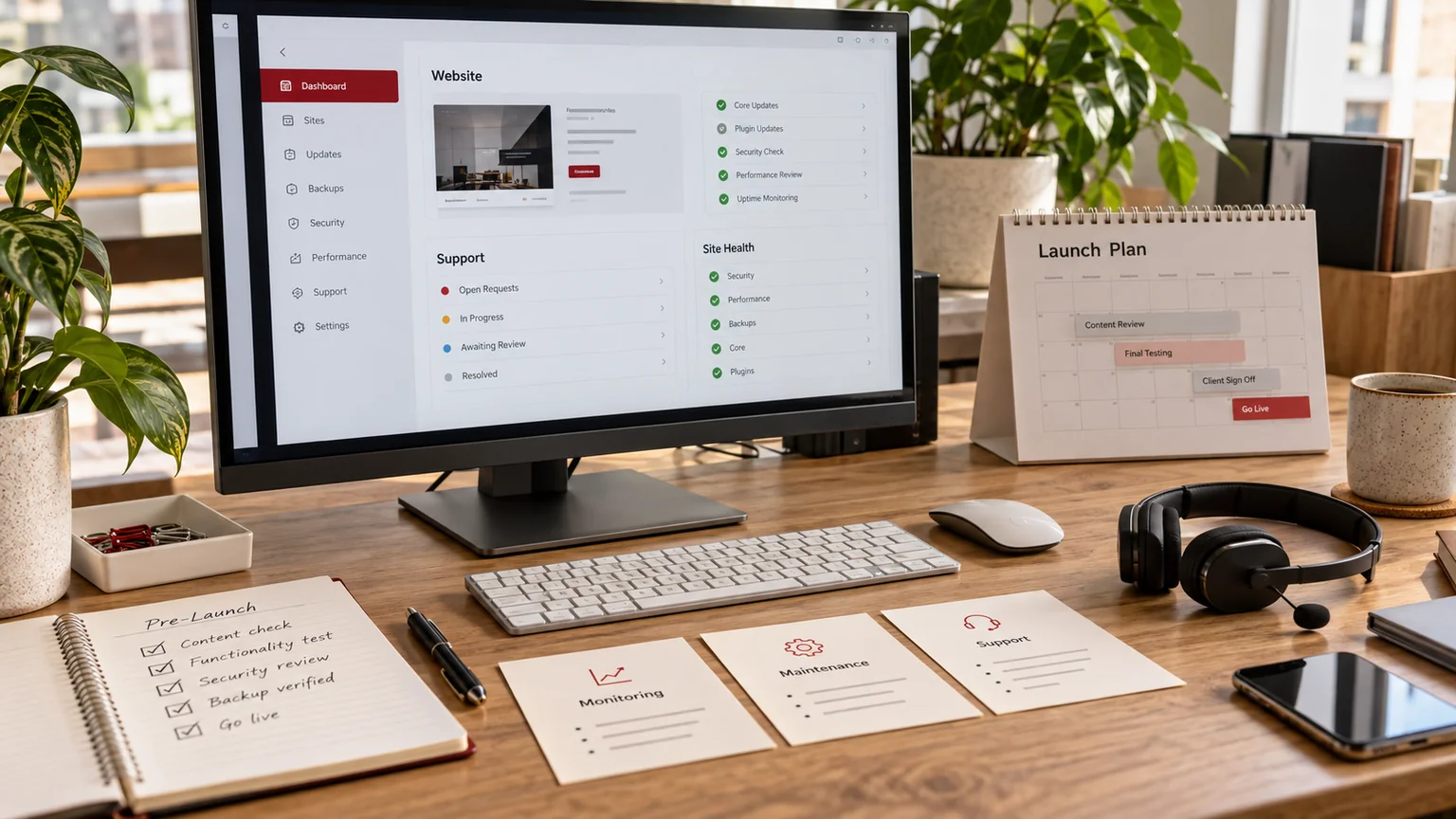 Illustrative generic website release support dashboard on a monitor, launch calendar, service responsibility cards and a compact headset. Concept screens, not a delivered client implementation.