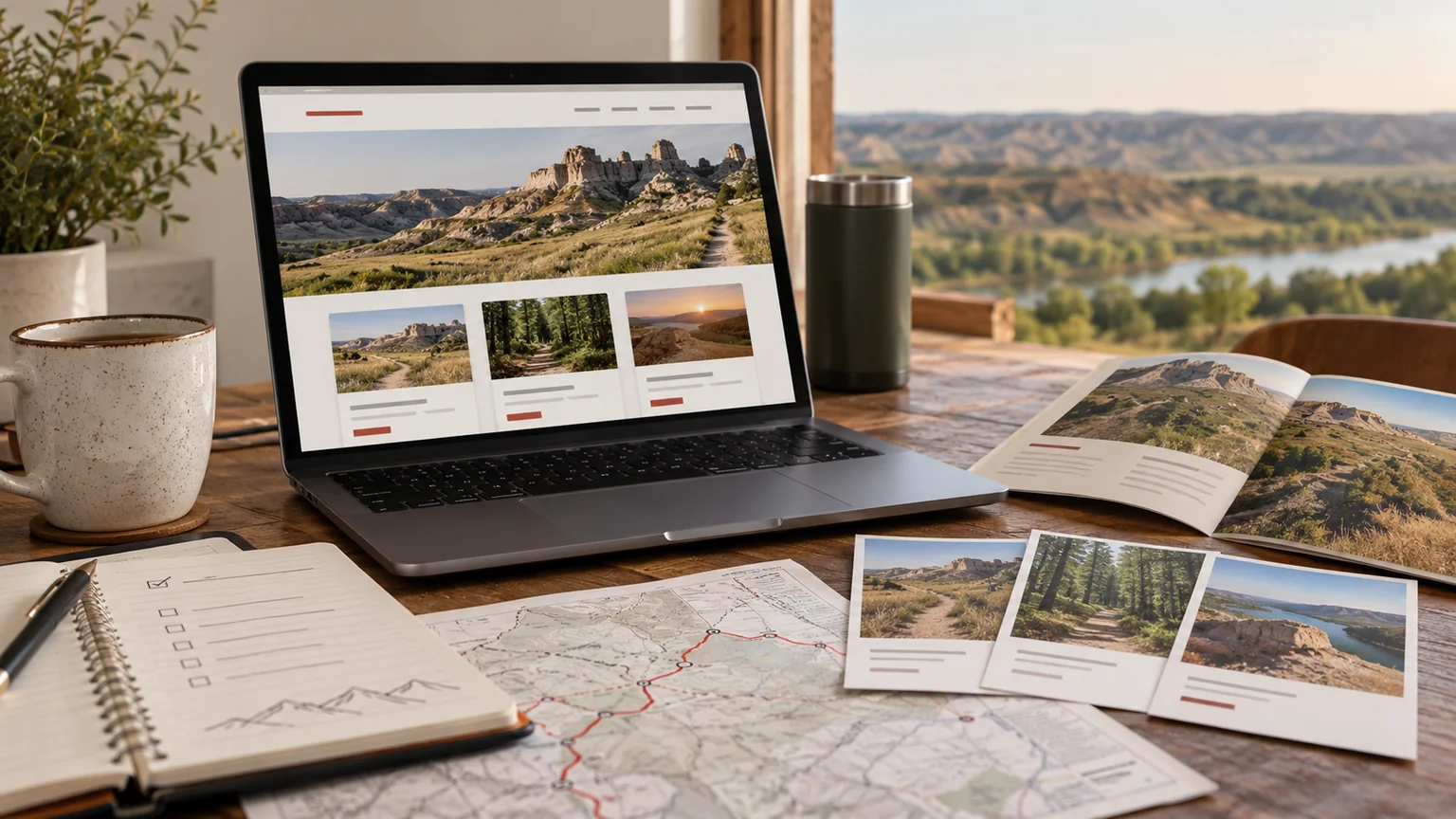 Illustrative tourism experience website on laptop, seasonal calendar, trail itinerary cards and an unbranded outdoor brochure. Concept screens, not a delivered client implementation.