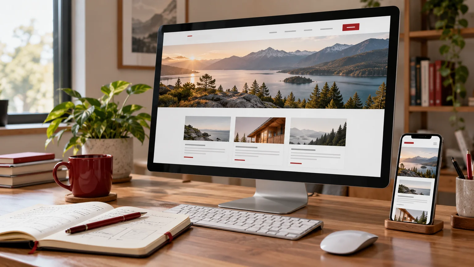Illustrative WordPress performance review desk with generic desktop and mobile website layouts and a measurement notebook.