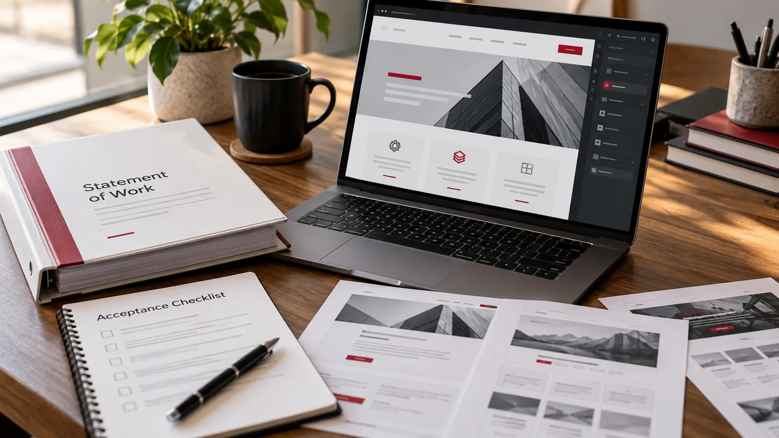 Illustrative web delivery milestone review on laptop, statement of work binder, acceptance checklist and prototype page proofs. Concept screens, not a delivered client implementation.